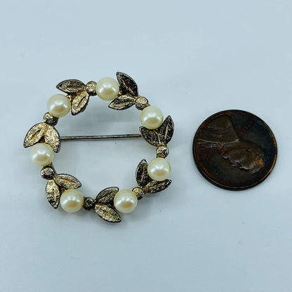 Vintage Art Nouveau Floral Wreath Faux Pearl Brooch Gold Tone SA6