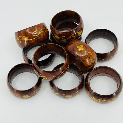VINTAGE Art Nouveau Napkin Bands Rings Wood w/ Brass Inlay Set of 10 TD2