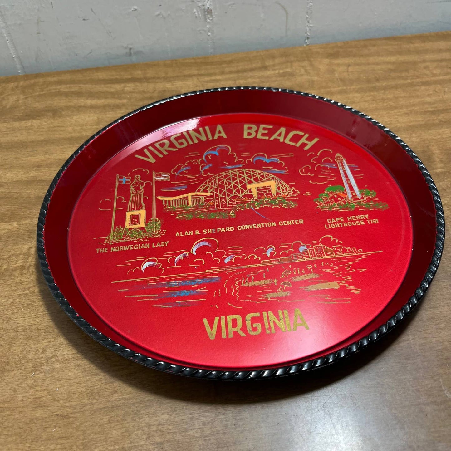 Vtg Red Hand Painted Acrylic State Souvenir Plate Tray Virginia Beach VA 10” TG7