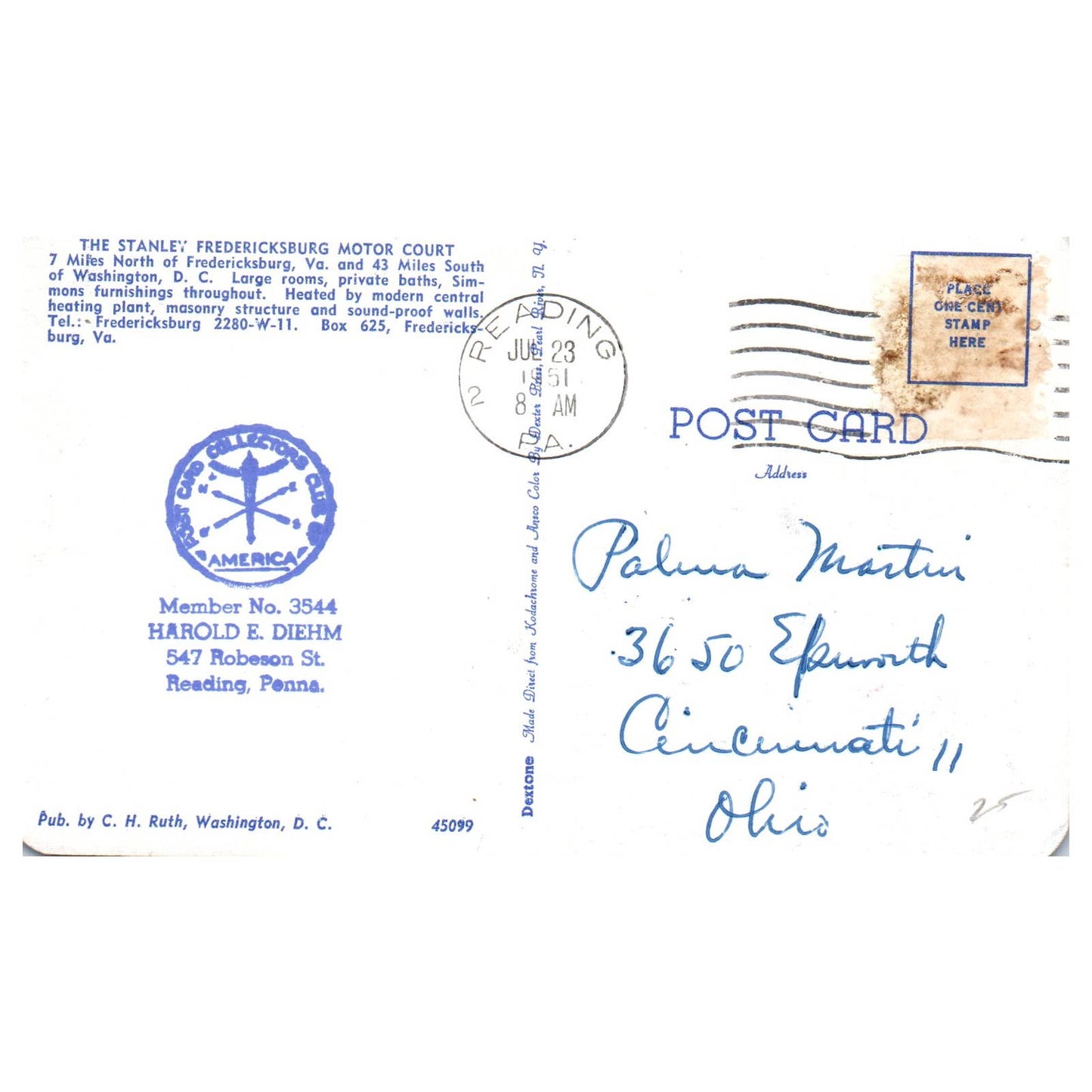 Vintage Postcard - The Stanley Fredericksburg Motor Court Virginia AD9