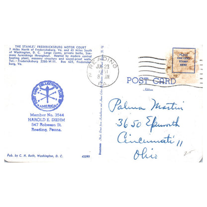 Vintage Postcard - The Stanley Fredericksburg Motor Court Virginia AD9