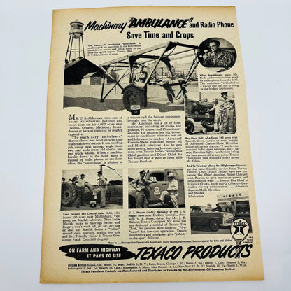 Vintage Advertisement TEXACO Products “Machinery Ambulance” Alderman Farms AA1