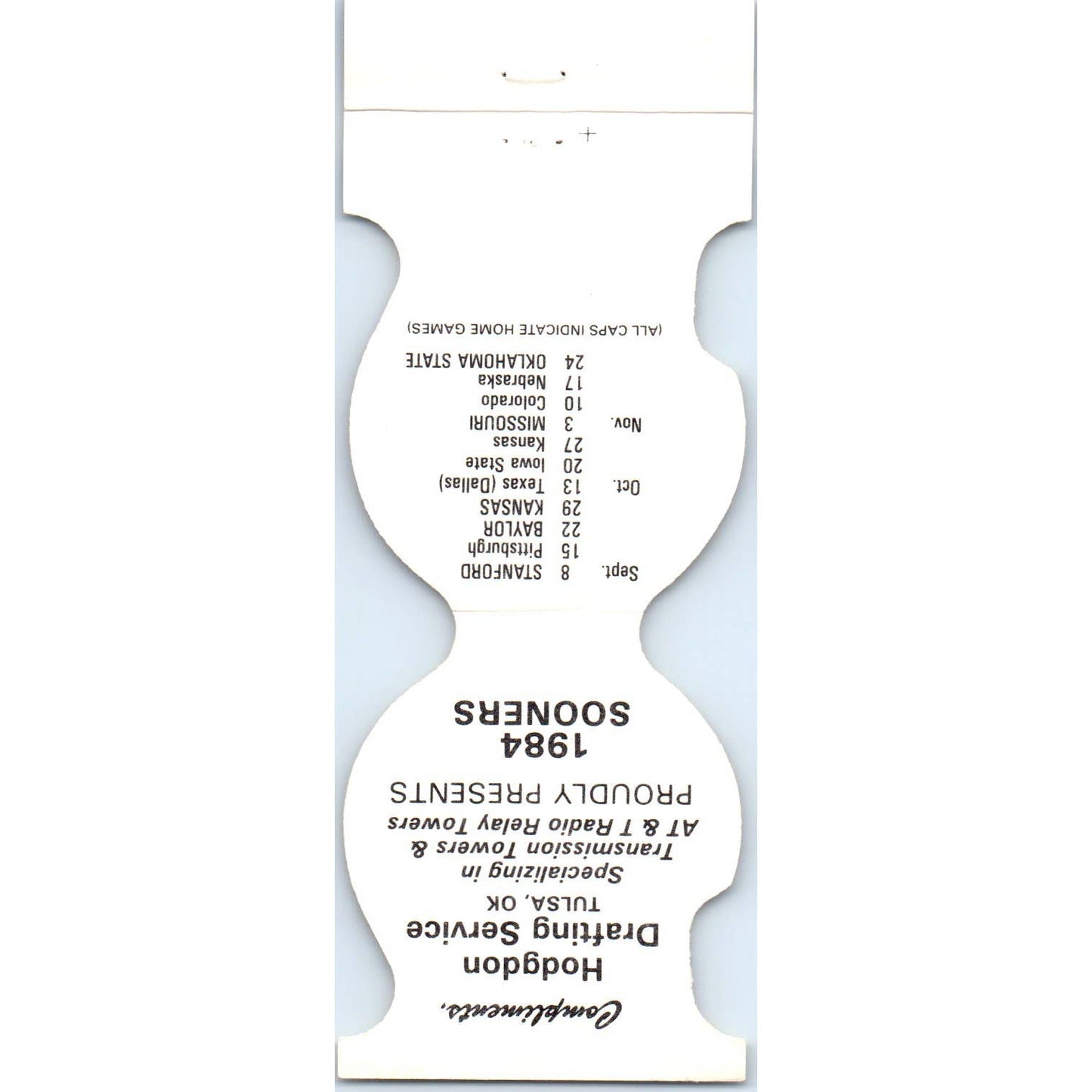 1984 OU Oklahoma Sooners Helmet Football Schedule Matchbook Cover SA1-M4