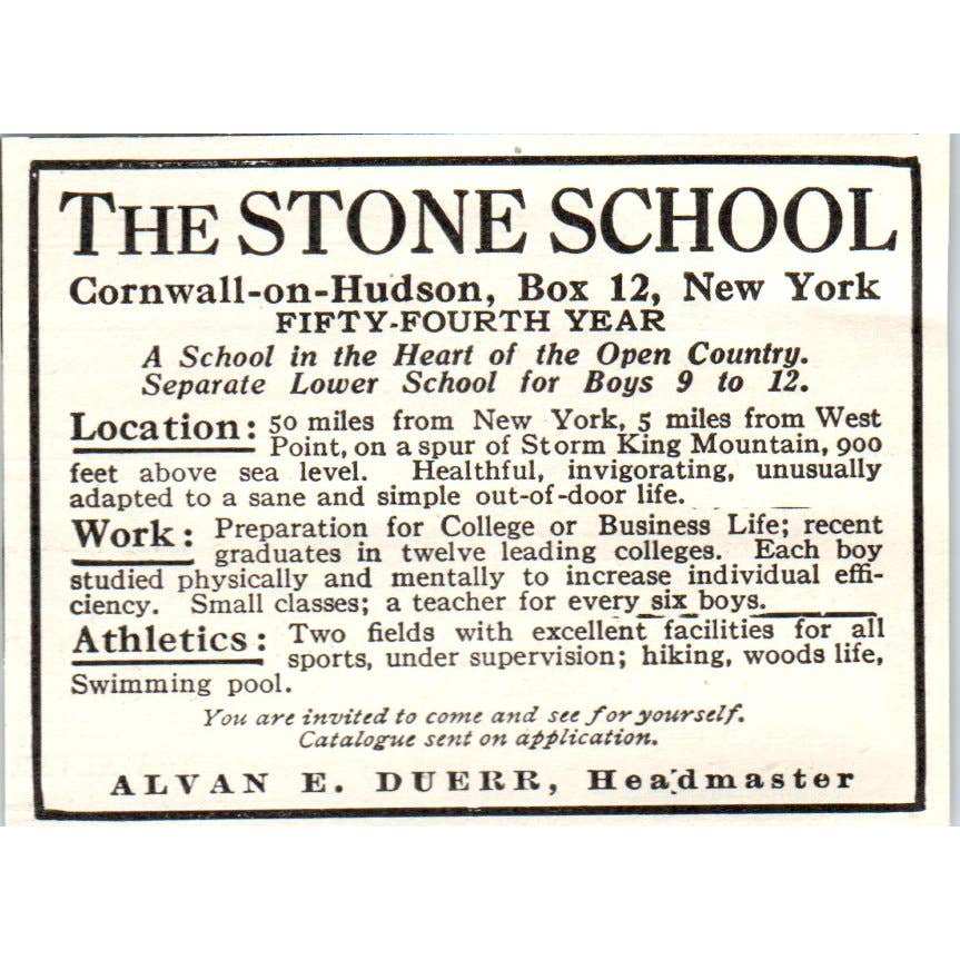 c1920 Harper's Ad - The Stone School Cornwall-on-Hudson Alvan E. Duerr EA3-1