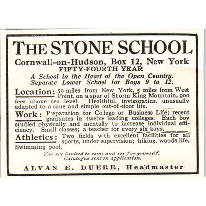 c1920 Harper's Ad - The Stone School Cornwall-on-Hudson Alvan E. Duerr EA3-1