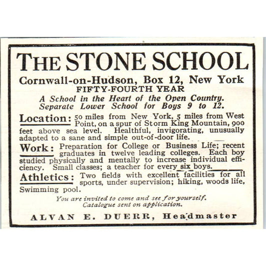 c1920 Harper's Ad - The Stone School Cornwall-on-Hudson Alvan E. Duerr EA3-1