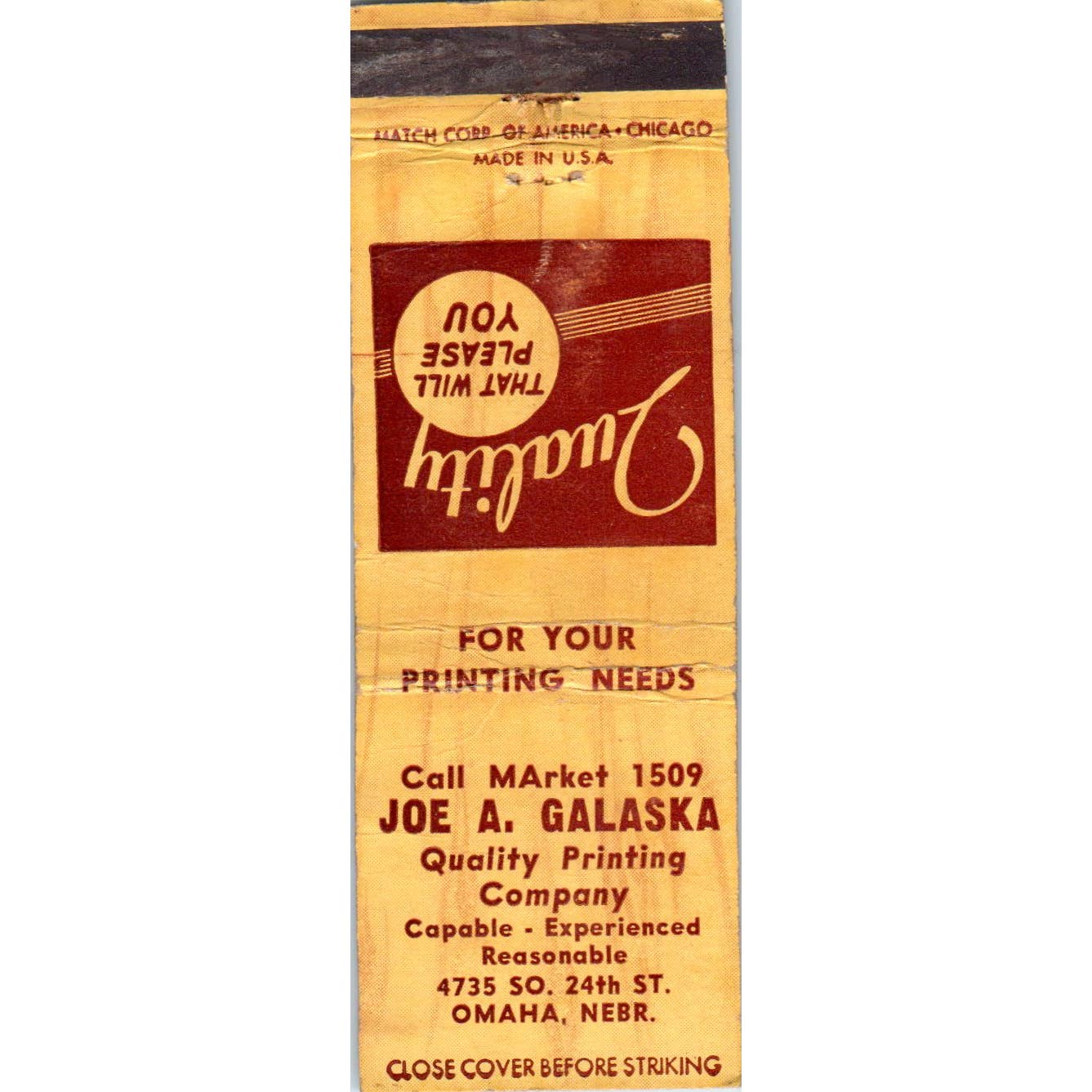 Joe A. Galaska Printing Omaha Vintage Advertising Matchbook Cover SA1-M1