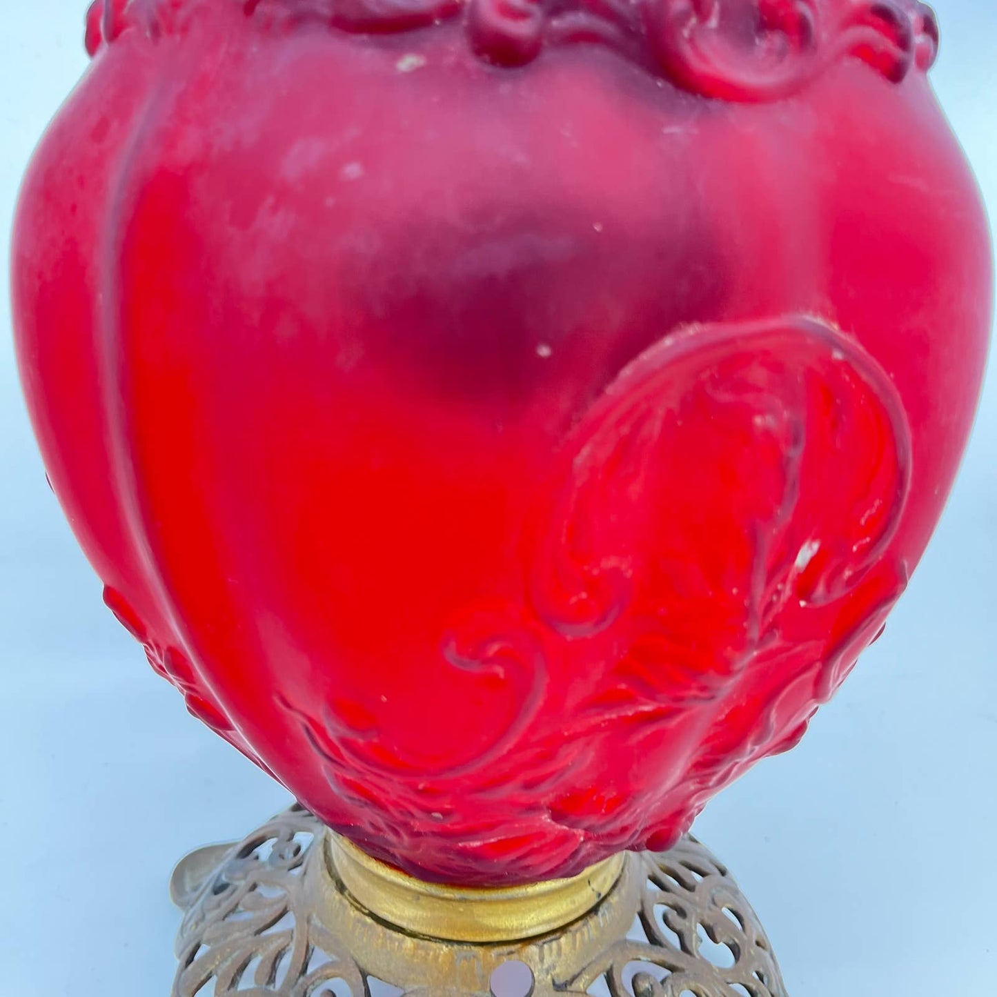 Antique Red Satin Glass and Brass Gone With the Wind Lamp Base LB3