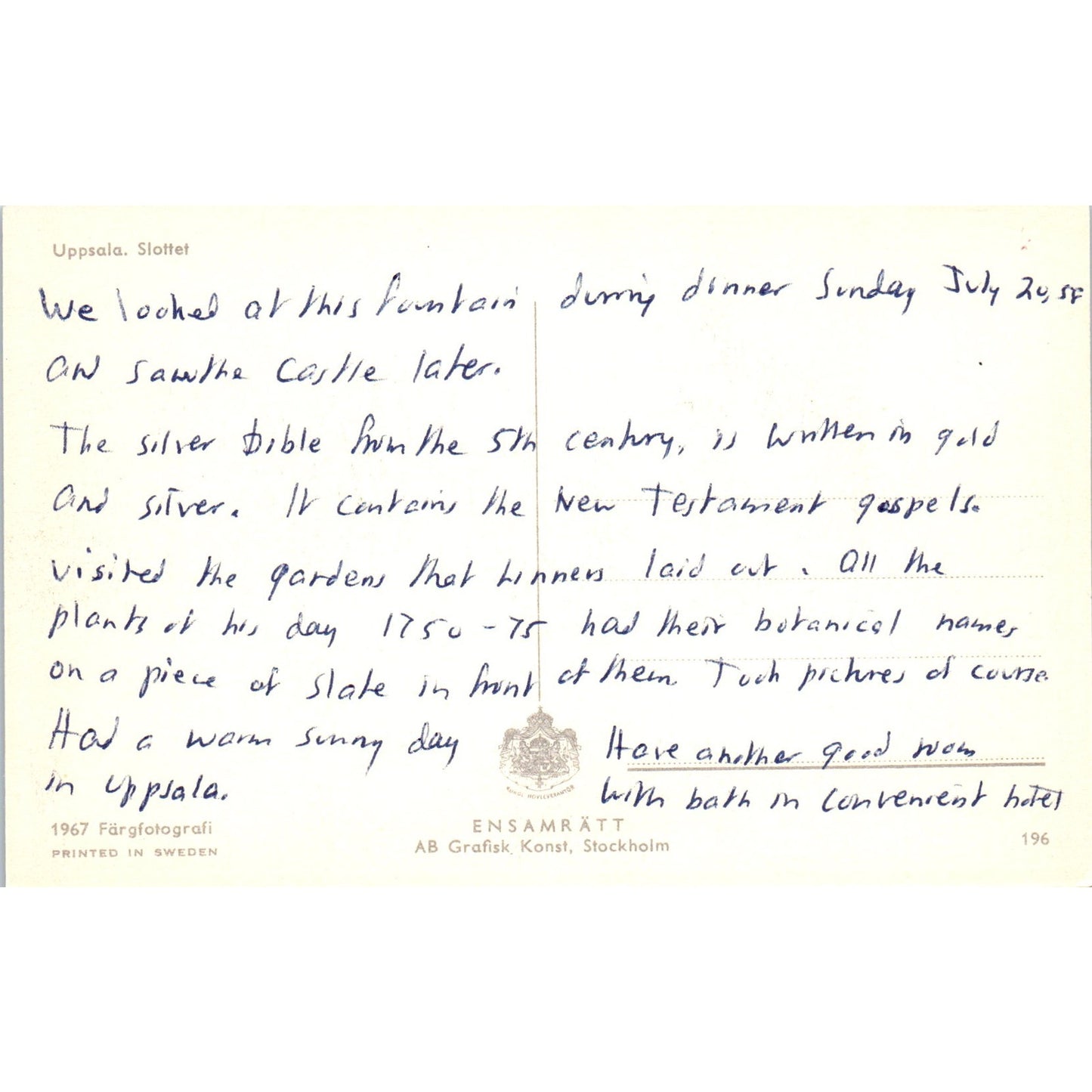 Uppsala Slottet 1967 Sweden Original Postcard P2-1