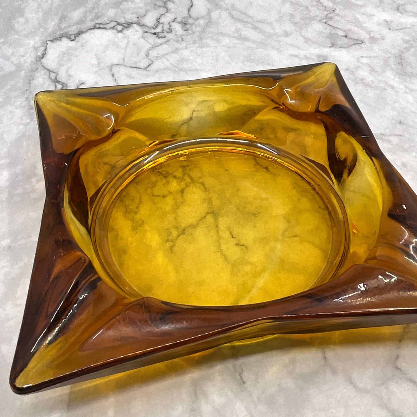 1960s MCM Heavy Square Amber Glass Cigar Cigarette Ashtray 6" TI7