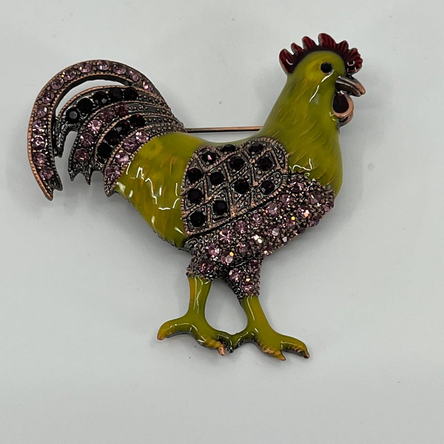Rooster Chicken Pin Yellow/Green Hen Pink Purple Rhinestone Crystal Brooch SA2