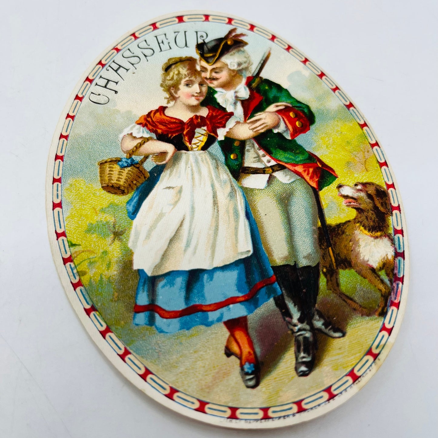 1880s Victorian Oval Card Chasseur Hunter Colonial Couple Dog 4.5” SAH9-H7