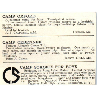 Camp Wildmere Long Lake Harrison Maine Irving A. Woodman 1921 Original Ad TJ7-S8