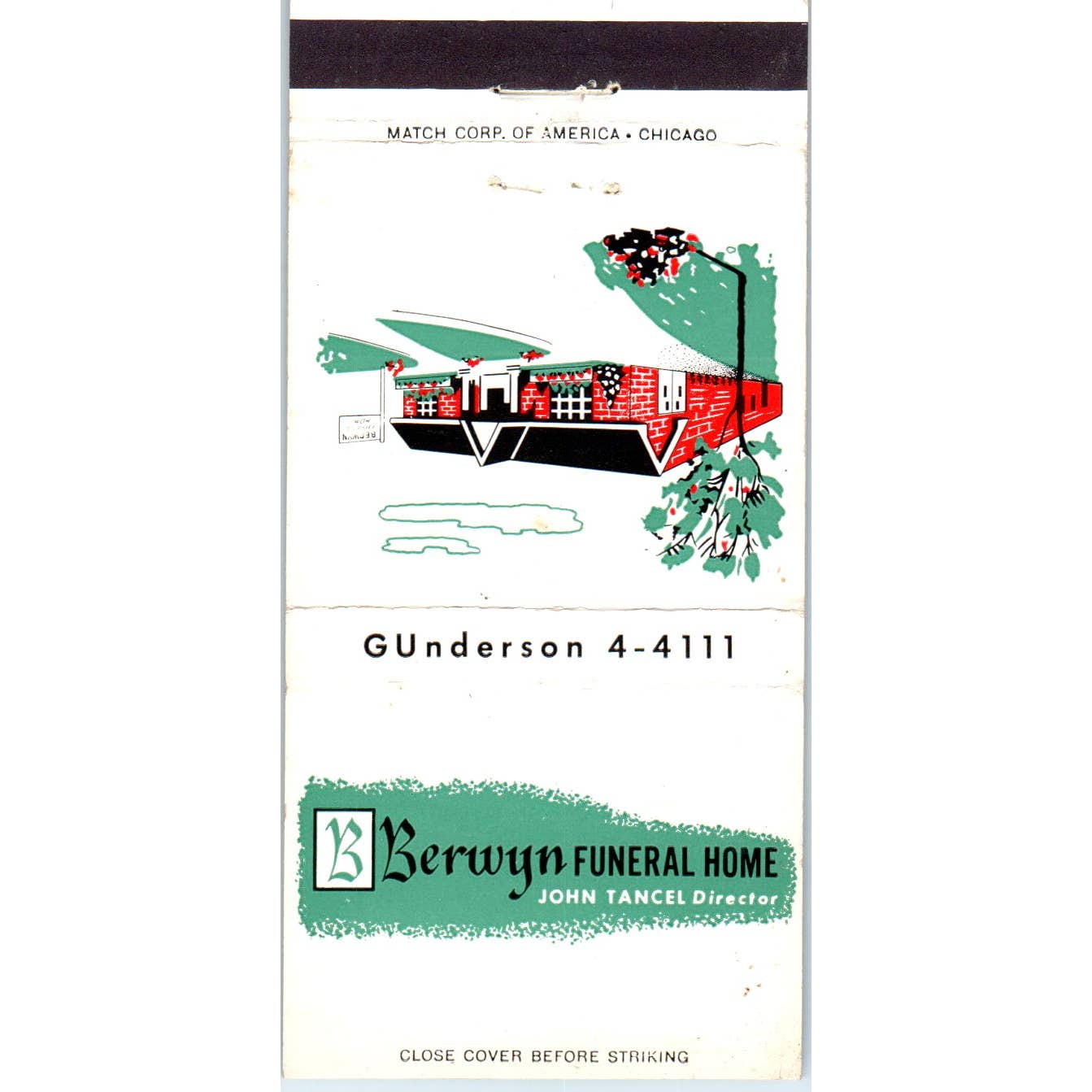 Berwyn Funeral Home John Tancel Advertising Matchbook Cover SA1-M11