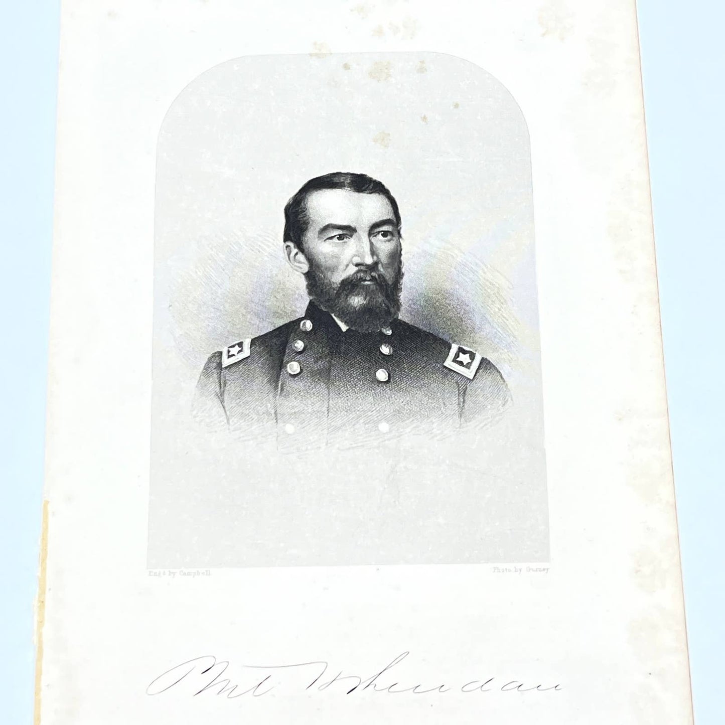 1867 Original Steel Art Engraving - Union General Philip Sheridan 9x5" AC3-7