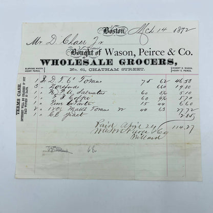 1872 Wason, Peirce & Co. 61 Chatham St Boston MA Billhead Letterhead Receipt AA4