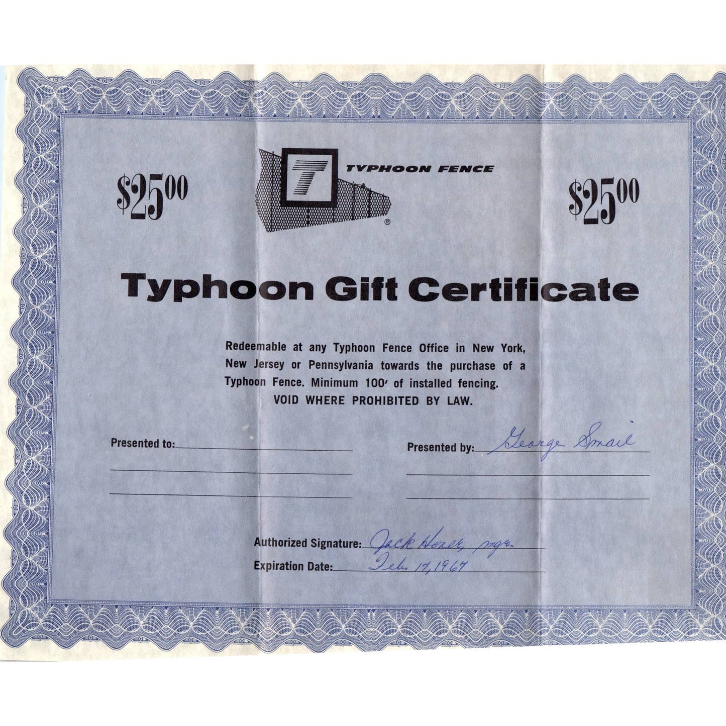 1967 Typhoon Fence of Pennsylvania Cover Letter Gift Certificate Warminster AD4