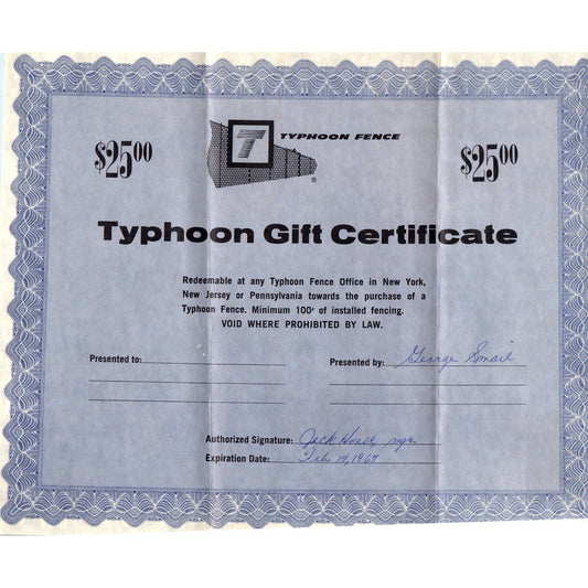 1967 Typhoon Fence of Pennsylvania Cover Letter Gift Certificate Warminster AD4