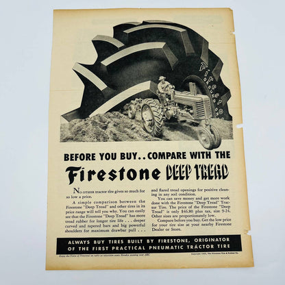 Vintage Advertisement FIRESTONE Deep Tread Tractor Tires Farmer on Tractor AA1