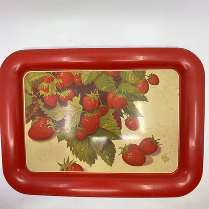 1940s Toleware Tin Enamel Strawberry Dinner Tray Set OF 4 - 17.5 x 13 TH2-3