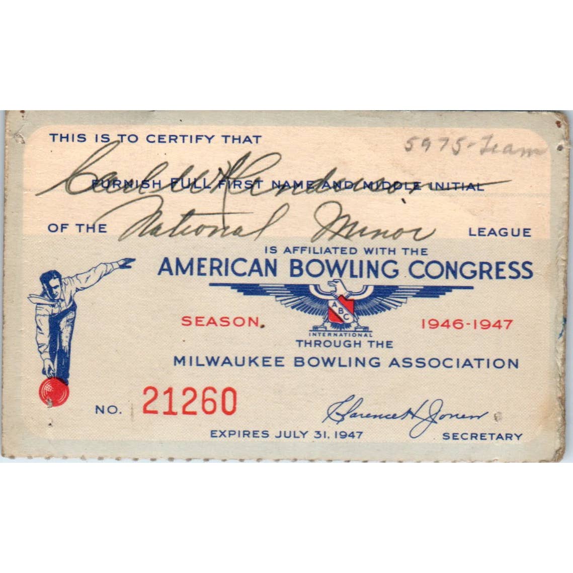 1946 American Bowling Congress Milwaukee Membership Card National Minor SE5-6