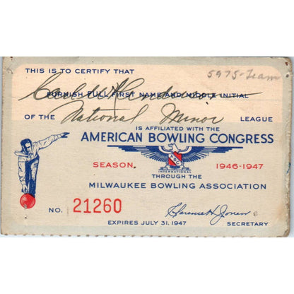 1946 American Bowling Congress Milwaukee Membership Card National Minor SE5-6