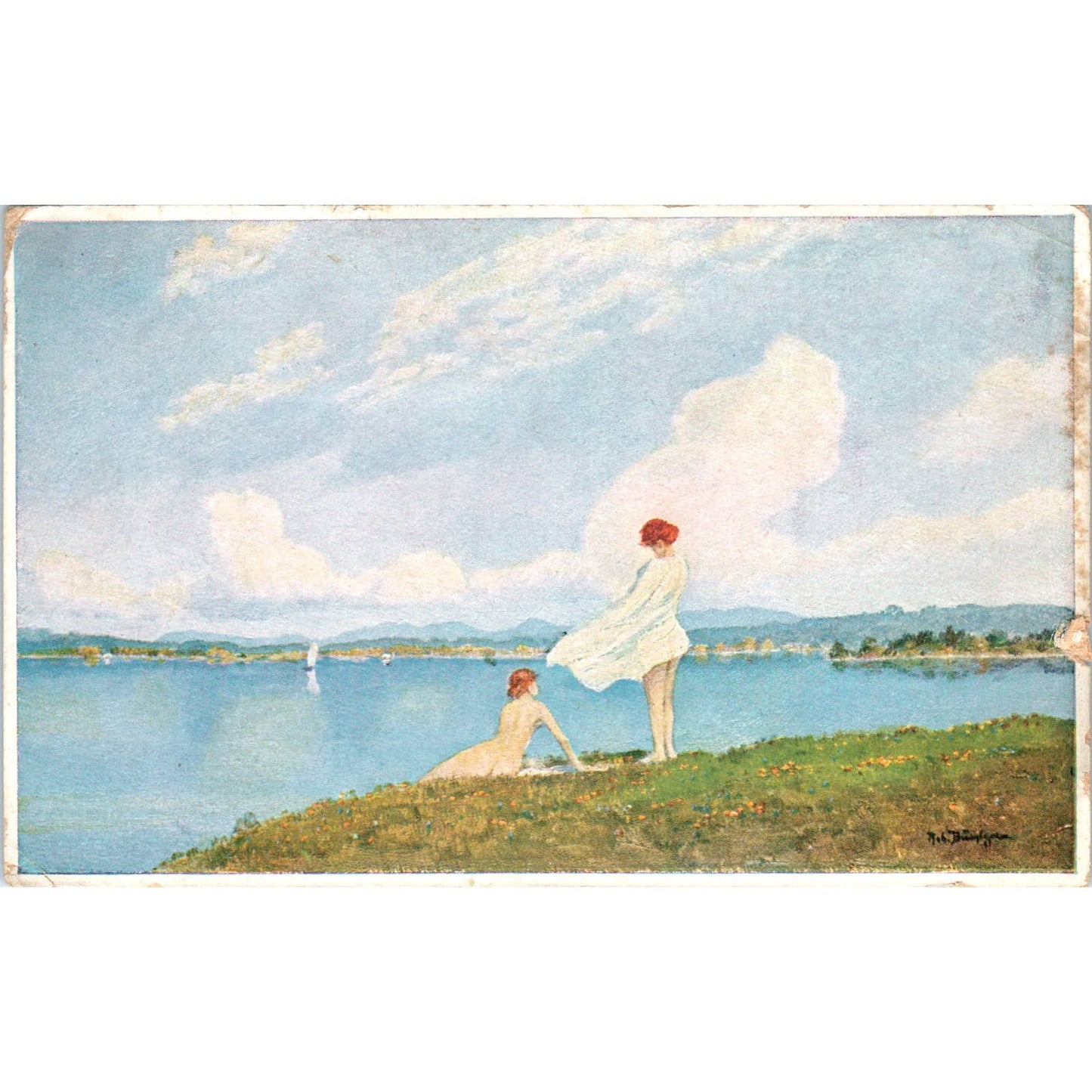 1912 German Bathing Women Lake by BUCHTGER - Original Postcard TJ7-RP3