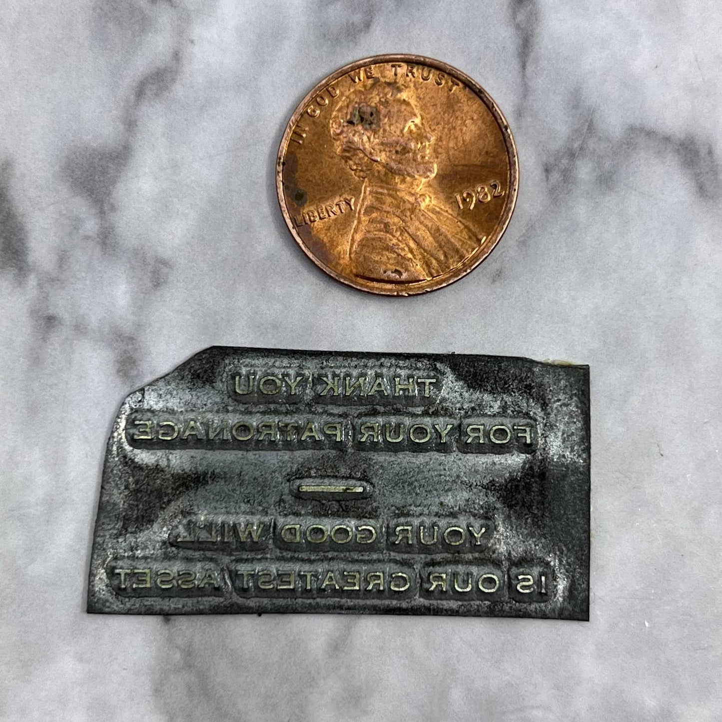 Vtg Printing Letterpress Printers Block Plate Thank You For Your Patronage TJ59