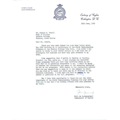 Embassy of Ceylon Official Letterhead Memo M.F. de S.Jayaratne June 1963 TK1-P11