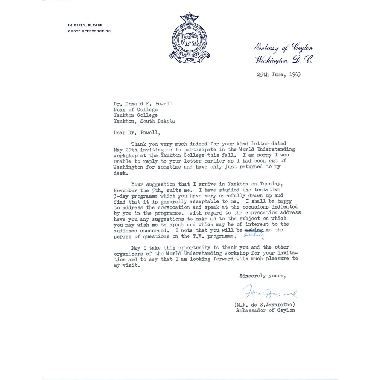 Embassy of Ceylon Official Letterhead Memo M.F. de S.Jayaratne June 1963 B15