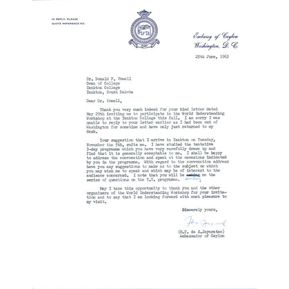 Embassy of Ceylon Official Letterhead Memo M.F. de S.Jayaratne June 1963 B15