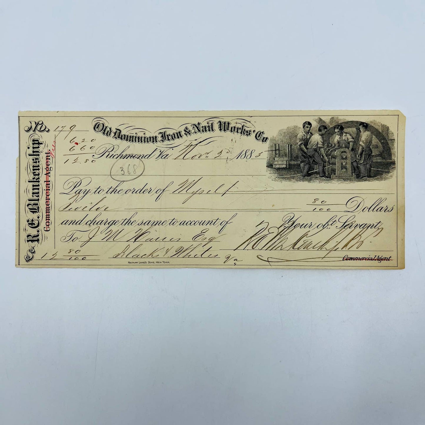 1885 Bank Check Old Dominion Iron Nail Works Nathan Lane’s Sons Richmond VA AA5