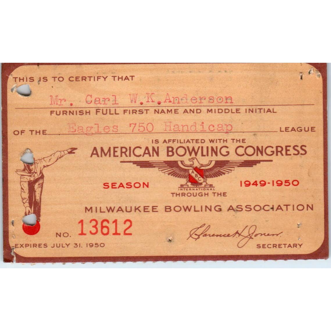 1949 American Bowling Congress Milwaukee Membership Card Eagles 750 SE5-7