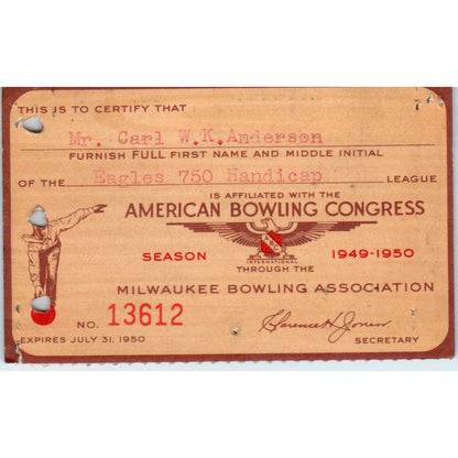 1949 American Bowling Congress Milwaukee Membership Card Eagles 750 SE5-7