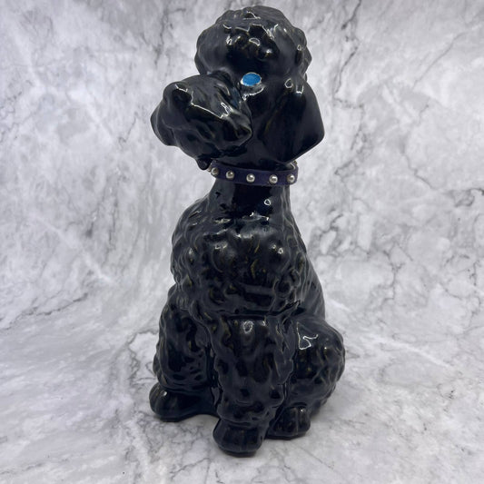 Vtg MCM Large Ceramic Black Poodle Blue Eyes w Collar 10.5" TI9