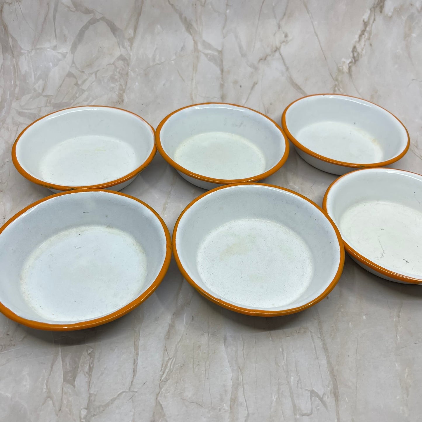 Vintage Enamelware 6 Place Setting Full Set White Orange Trim Bowls Plates Cups