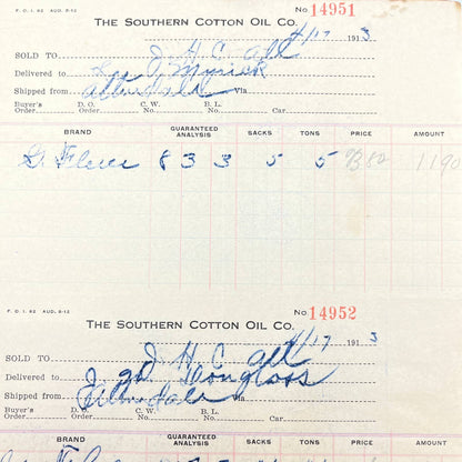 1913 Southern Cotton Oil Company Letterhead Bill head Receipt Columbia Mill AB9