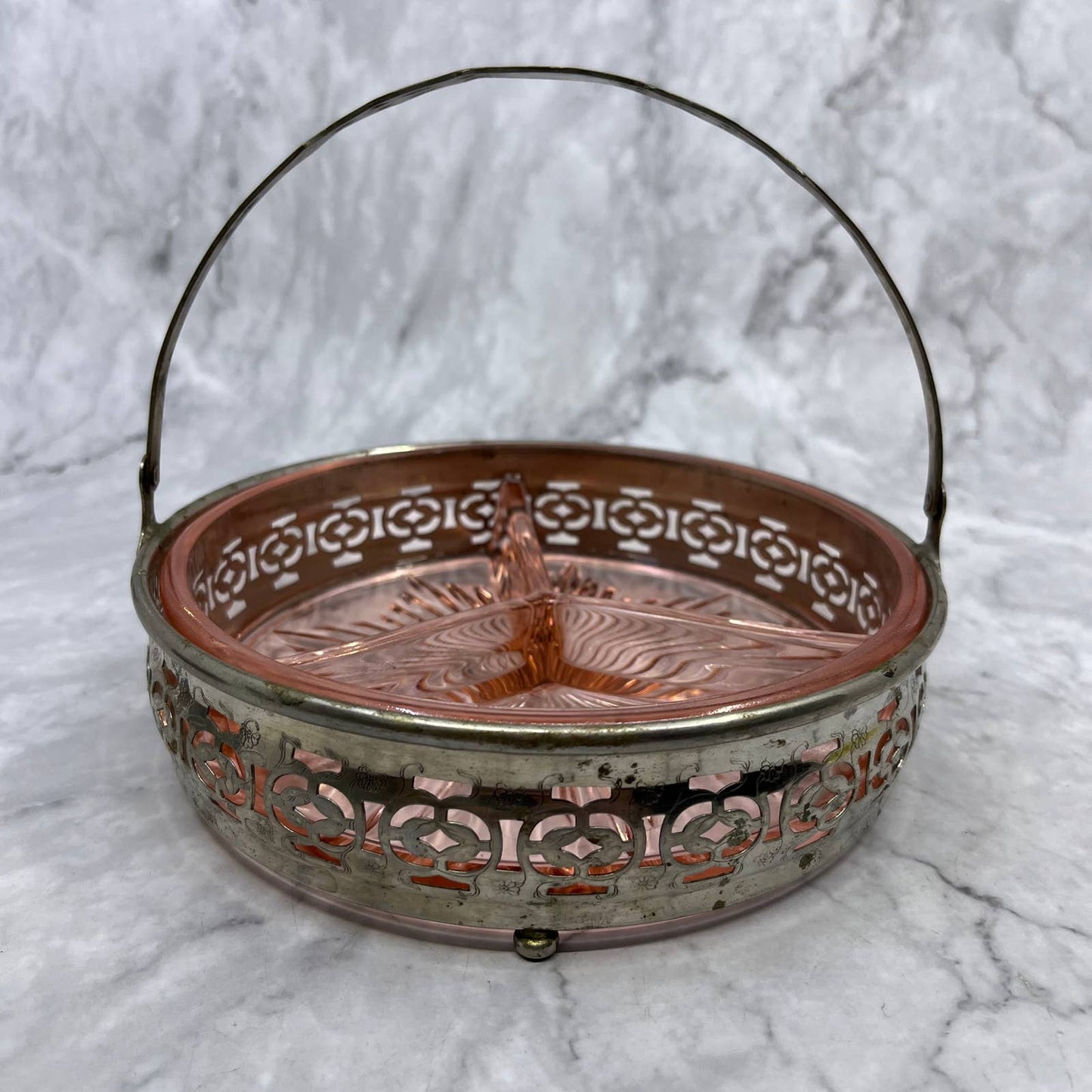 Vintage Pink Depression Glass Dish 3 Part Divided Starburst Silver Caddy 7” TB6