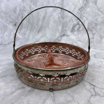 Vintage Pink Depression Glass Dish 3 Part Divided Starburst Silver Caddy 7” TB6
