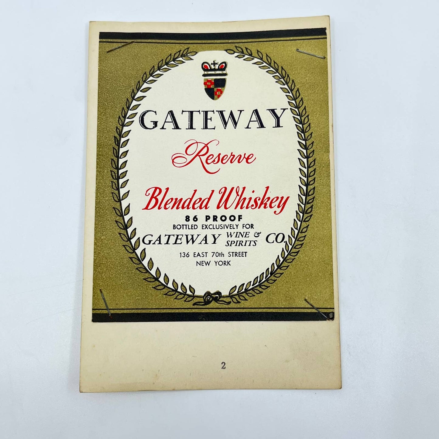 Gateway Reserve Whiskey Label Gateway Wine & Spirits 136 E 70th St. New York NY