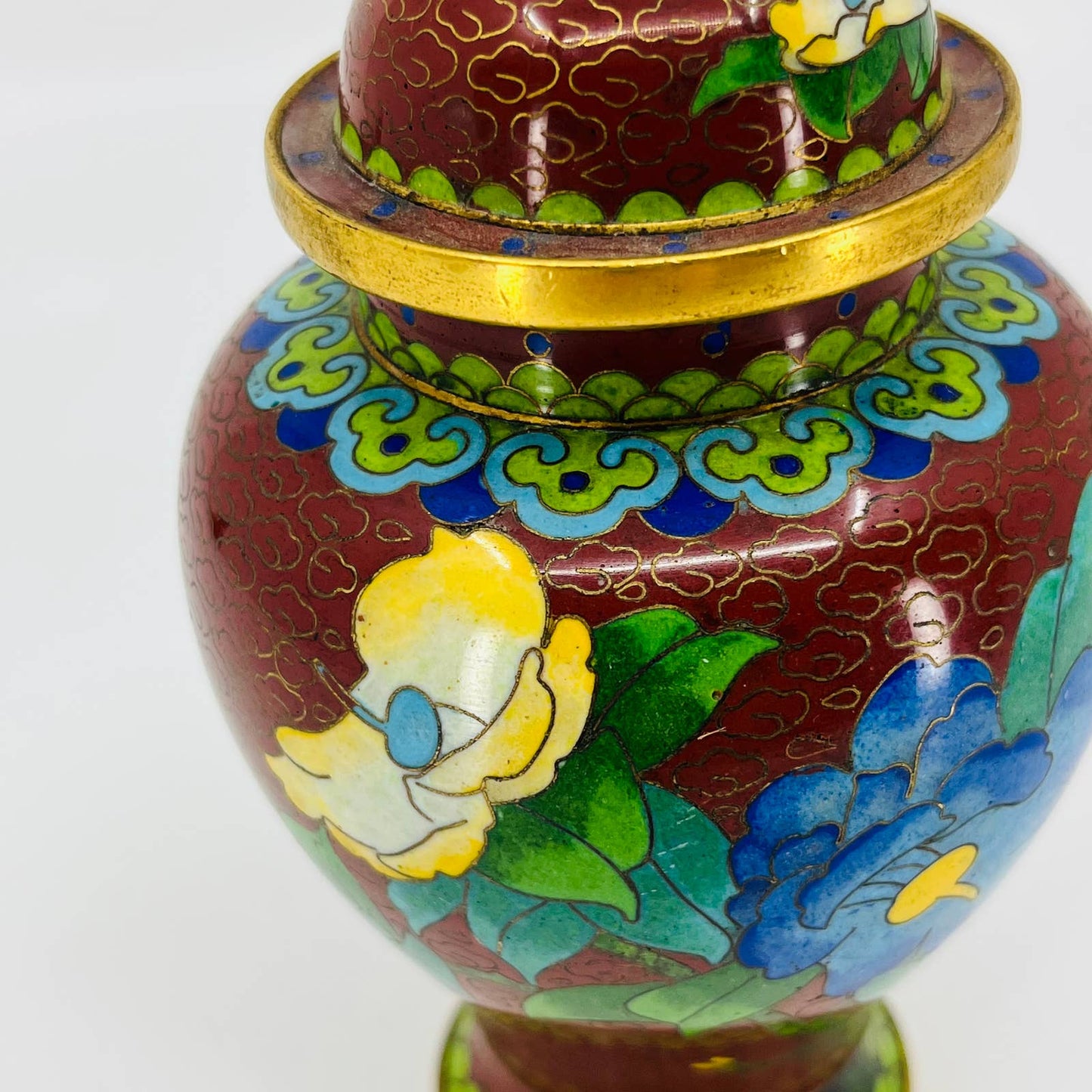 Antique/Vintage Chinese Cloisonné Enamel & Brass Ginger Jar Vase Urn 6” TB7