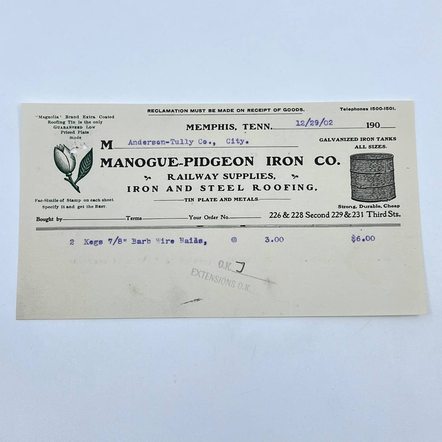 1902 Manogue-Pidgeon Iron Co. Railway Supplies Letterhead Memphis TN AB5