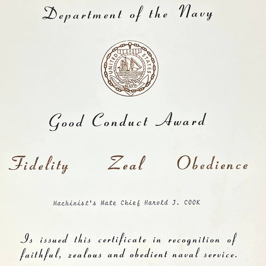 1974 US Navy Good Conduct Award Machinist Mate Chief Harold J Cook AB8