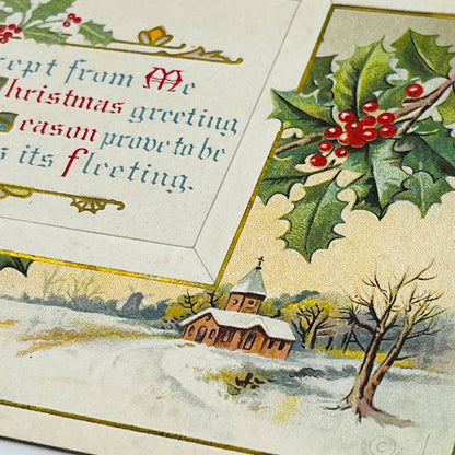 1910s Christmas Post Card Embossed  Church Bells Holly Snow Poem Dresden PA4