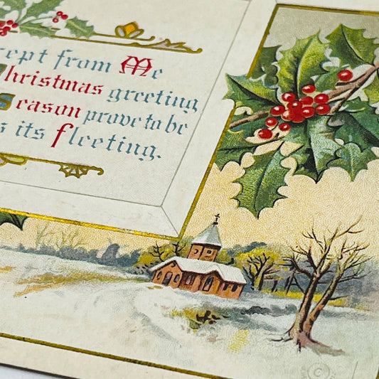 1910s Christmas Post Card Embossed  Church Bells Holly Snow Poem Dresden PA4