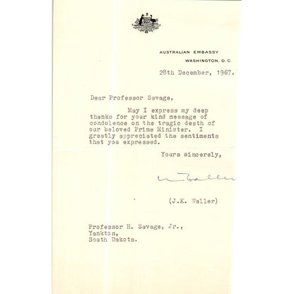 Australian Embassy Letterhead Memo J.K. Waller Dec 1967 TK1-P8