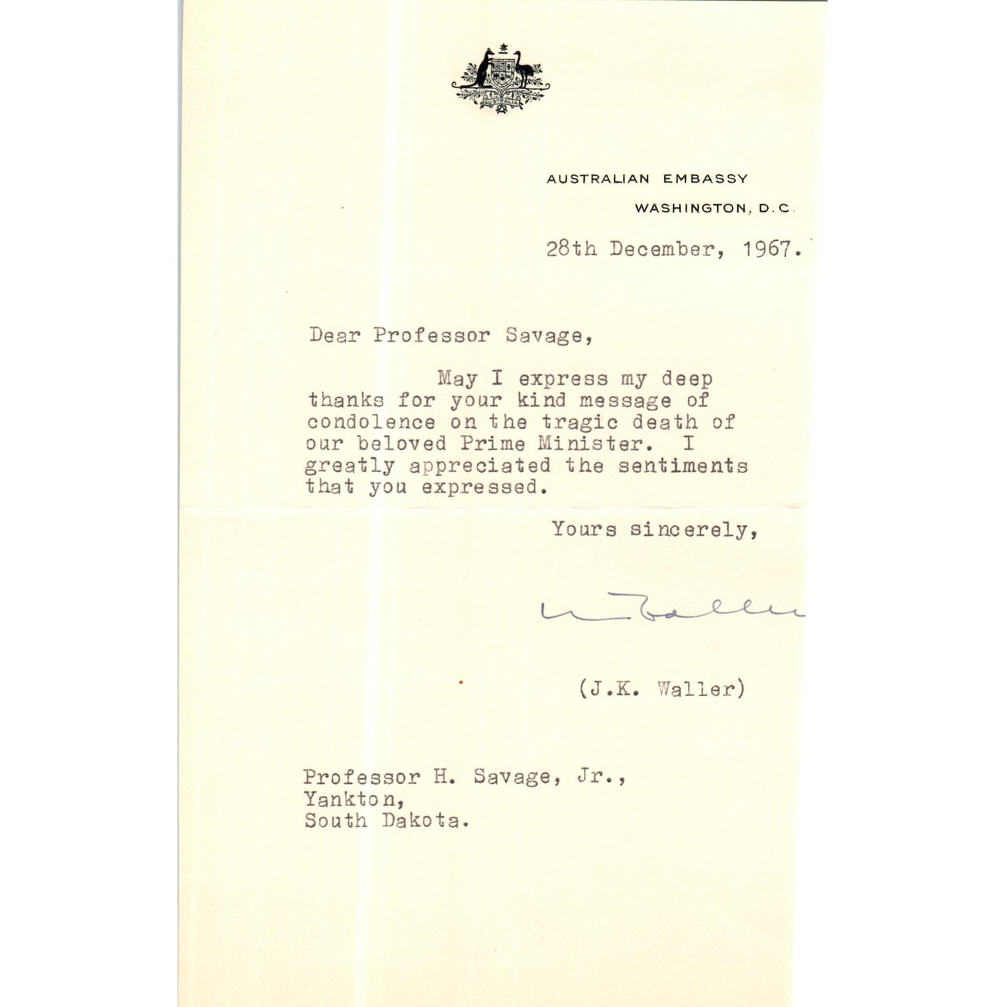 Australian Embassy Letterhead Memo J.K. Waller Dec 1967 B13