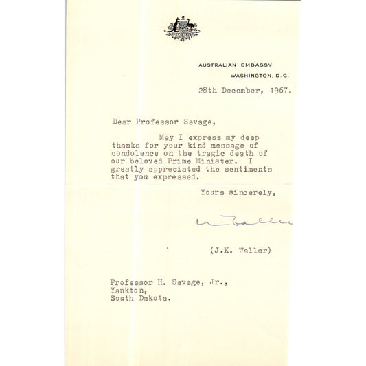 Australian Embassy Letterhead Memo J.K. Waller Dec 1967 B13