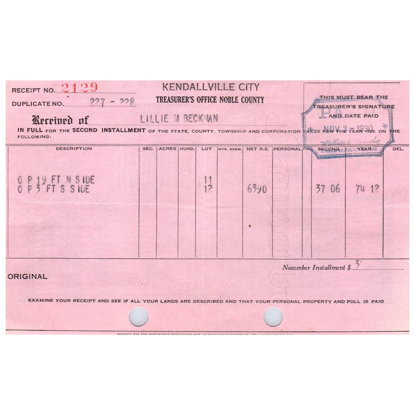 1930 Kendallville IN Nobel Cty Treasure's Office Receipt Lillie M. Beckman AD8