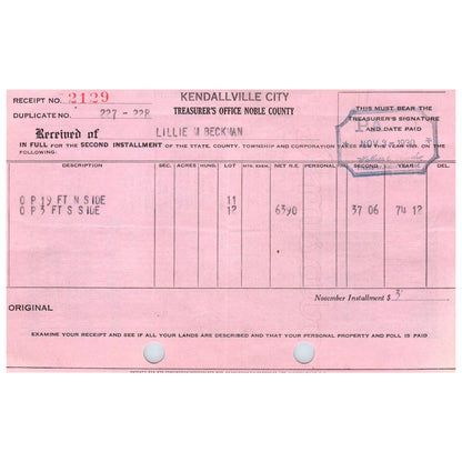 1930 Kendallville IN Nobel Cty Treasure's Office Receipt Lillie M. Beckman AD8